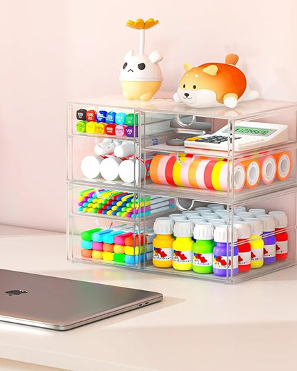 2 Pack Desk Organizers, Makeup Organizer Storage with 7 Drawers, Desktop Office Supplies, Clear Desk Accessories, Dustproof Drawer Organizer and Storage for Make Up, Jewelry, Pen