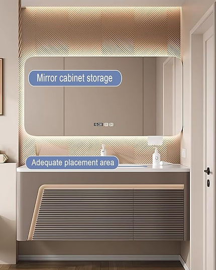 44IN Modern Bathroom Vanity - Floating Bathroom Vanity with Sink with Rounded Corner Smart Mirror Cabinet & Smart Defogging | Wave Panel Design & Large Storage Space