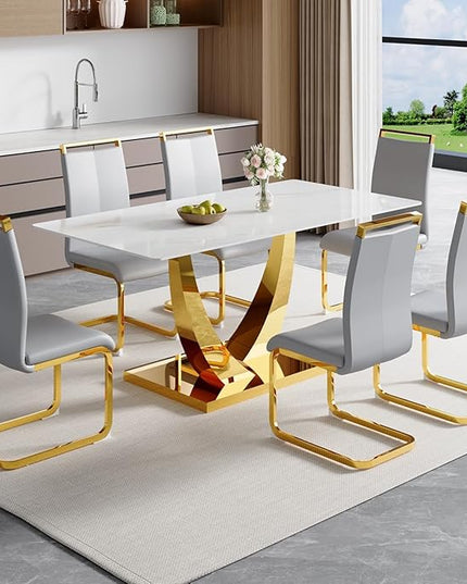 63” Dining Room Table Set for 6,Modern Gold Dining Table Set for 6 with Leather Chairs, White Faux Marble Dinner Table Set with Tempered Glass Top and Golden Base