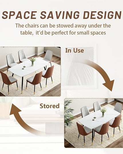 7 Piece Modern Dining Set, 62'' Sintered Stone Dinner Table for 6, Easy to Assemble