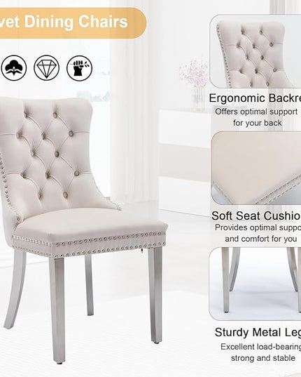 7 Piece Dining Table Set, Modern Glass Dining Table Set for 6 with Velvet Chairs, 70" Luxury Dining Table Chairs Set of 6, Kitchen Dining Room Sets for Dinner Dinette Breakfast Banquet, Beige+Silver