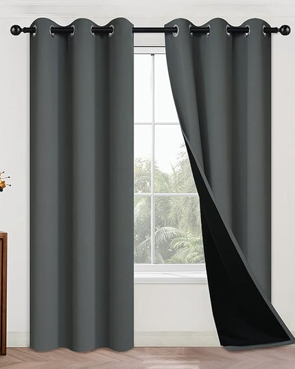 Yakamok 84 Inch Length 100% Blackout Curtains for Bedroom, 2 Thick Layers Thermal Insulated Grommet Total Blackout Drapes with Black Liner for Living Room (42Wx84L, Dark Grey, 2 Panels)