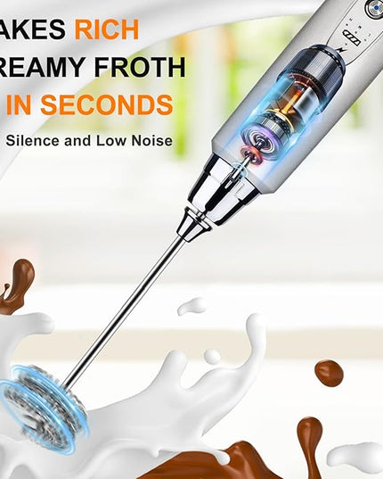 YUSWKO Silver Rechargeable Milk Frother for Coffee with Stand, Handheld Drink Mixer with 3 Heads 3 Speeds Electric Stirrers for Latte, Cappuccino, Hot Chocolate, Egg