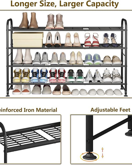 LINZINAR Shoe Rack Long 4 Tier Shoe Storage Organizer Metal Wide Shoe Shelf for Closet Entryway Bedroom 24 Paris Large Capacity, Gold Black
