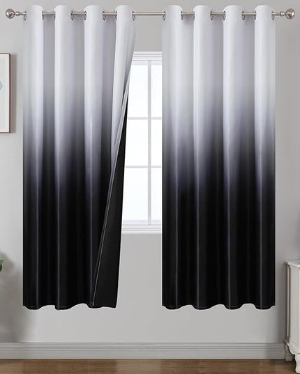 Estelar Textiler Black Out Curtains 72 Inches Long for Living Room, Black and Greyish White Ombre Thermal Insulated Room Darkening Grommet Window Drapes for Bedroom, 52x72 Inch, 2 Panels
