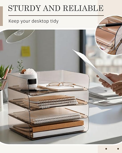 Harloon 4 Tier Acrylic Paper Tray 13 x 9.8 x 3 Inches Stackable Letter Clear Organizer No Need to Assemble Acrylic Paper Organizer File Tray for Office Workspace Desktop Storage (Transparent Gray)