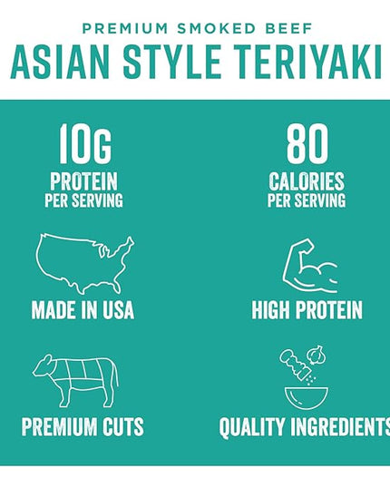 Chef's Cut Beef Jerky Meat, Teriyaki (2.5 Ounce Bags, Pack of 4) - High Protein, 10g Protein, 80 Calories, Gluten-Free, Premium Lean Smoked Beef, Keto Friendly Snack, Low Carb Snack