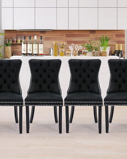 SoarFlash Velvet Dining Chairs Set of 4, Tall Back Side Chair, Modern Upholstered High-end Tufted Side Chair with Button Back Ring, Solid Wood Legs (Black)