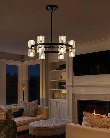 18'' Modern Large Chandelier, 12-Light Elegant Crystal Chandeliers for Dining Room, Black Farmhouse Round Wagon Wheel Pendant Lighting Fixture with Glass Shade for Living Room High Ceilings Entryway
