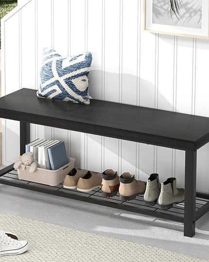 EXCEFUR Entryway Bench, Modern Wood and Metal Storage Bench for Hallway Front Door Entrance, Industrial Indoor Shoe Rack Bench Seat for Bedroom Living Room, 43.3 Inch Black