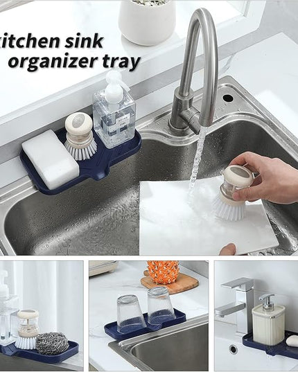 Silicone Bathroom Soap Dishes with Drain Spout-Kitchen Sink Organizer,Sponge Holder,Dish Soap Tray,Perfect for Dispenser,Scrubber,Bottle,Cup on Sink or Counter-Navy Blue 9.6"×5.3"
