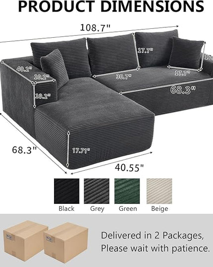 PELUMY 108.7" L-Shaped Cloud Couch with Memory Foam, Modular Sectional Sofa with Oversized Chaise, No Assembly Required Sleeper Sofa for Small Space Living Room, Apartment (Grey, Corduroy)
