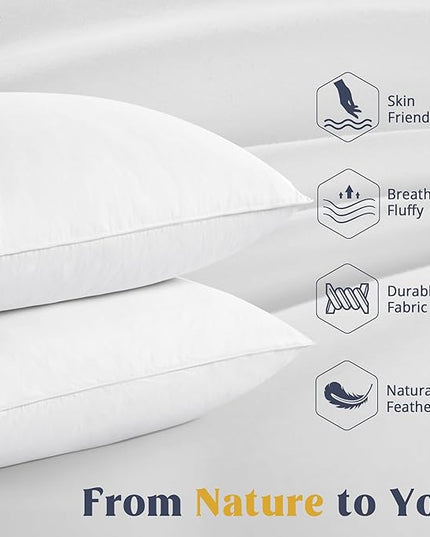 puredown® Goose Feathers and Down White Pillows with 100% Soft Cotton Cover, Bed Sleeping Hotel Collection Pillows Set of 2 Queen Size