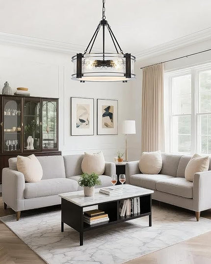 4-Light Black Texture Glass Drum Chandelier, 20.5" Modern Luxury Round Light Fixture for Dining Room Bedroom Foyer Living Room Entryway Kitchen