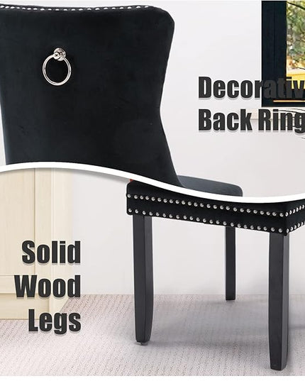 SoarFlash Velvet Dining Chairs Set of 2, Tall Back Side Chair, Modern Upholstered High-end Tufted Side Chair with Button Back Ring, Solid Wood Legs (Black)
