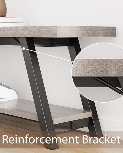 LVB Industrial Entryway Bench, Wood and Metal Storage Bench, Indoor Farmhouse Hallway Accent Entry Bench for Seating Sitting, Shoe Rack Organizer Cabinet in Foyer Bedroom, Light Grey Oak, 47 Inch Long
