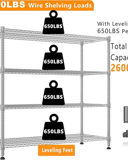 Himimi Storage Shelves 60"W Wire Shelving with Wheels 2600LBS Heavy Duty Metal Shelves for Storage, 4-Tier Adjustable Wire Rack Shelving Garage Shelving Kitchen Storage Shelves 24"Dx60"Wx72"H, Silver