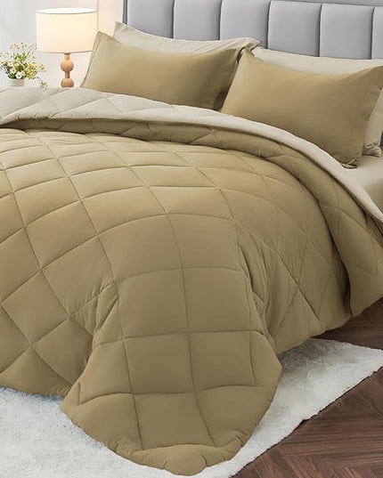 MUXHOMO 7 Pieces Queen Comforter Set, Reversible Bed in a Bag Queen Size, All Season Bedding Set with Comforter, Flat Sheet, Fitted Sheet, Pillowcases & Shams, Khaki & Linen