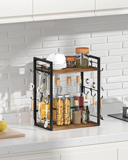 Dorhors 2 Tier Coffee Bar Accessories and Organizer,Multi-functional Mug Holder with 12 Hooks,Wood Coffee Station Organizer,Kitchen Countertop Shelf (Rustic Brown)