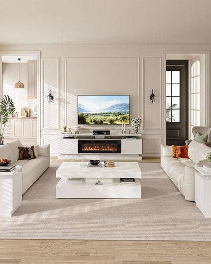 4-Piece Modern Living Room Table Set, Includes High Gloss 70" Fireplace TV Stand, LED Coffee Table and End Tables Set of 2 with Storage Drawers, White & Black