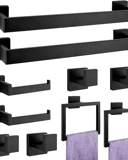 Bathroom Accessories Towel Bar Set: 10 Pieces Matte Black Bathroom Hardware Square SUS304 Stainless Steel - Wall Mounted Towel Rack&Toilet Paper Holder&Towel Ring and Towel Hook