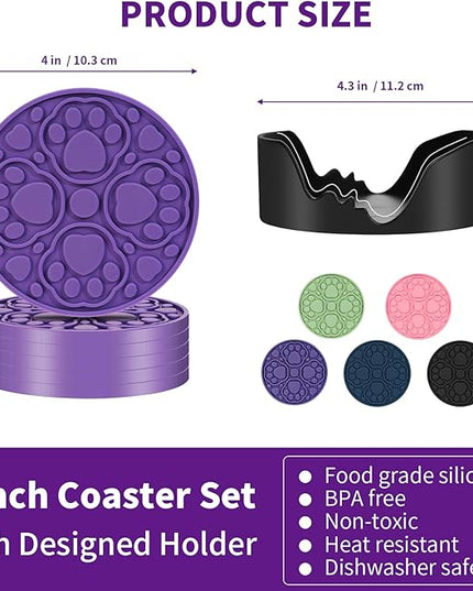 6 Pack Purple Silicone Coffee Coasters with Holder, 4 Inches Non-Slip Decorative Round Coaster for Tabletop, Desk Dishwasher Safe Cup Mat for Bar, Drinks, Beer