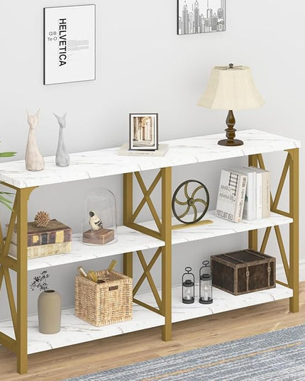 IBF Modern 3 Tier Entryway Table, Industrial Metal Wood TV Console Table with Storage Shelves, Farmhouse White Faux Marble and Gold Sofa Accent Table for Hallway Entry Way Foyer Living Room, 55 Inch