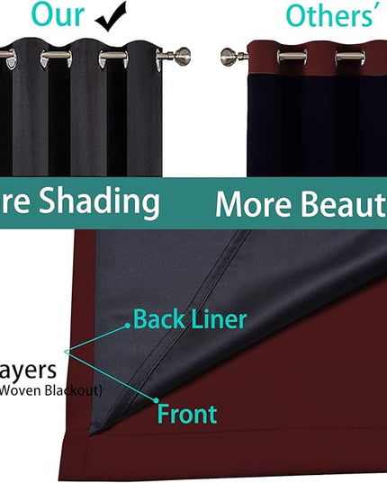 Yakamok 100% Blackout Lined Panels, Room Darkening Thermal Insulated Blackout Curtains for Bedroom, Heat Blocking Drapes for Living Room(62Wx84L, Burgundy Red, 2 Panels)