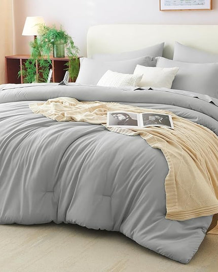 CozyLux Full Size Comforter Set Light Grey, 7 Pieces Bed in a Bag Full Comforter Set with Sheets, Bedding Set with Down Alternative Comforter, Fitted Sheet, Flat Sheet, Pillow Shams and Pillowcases