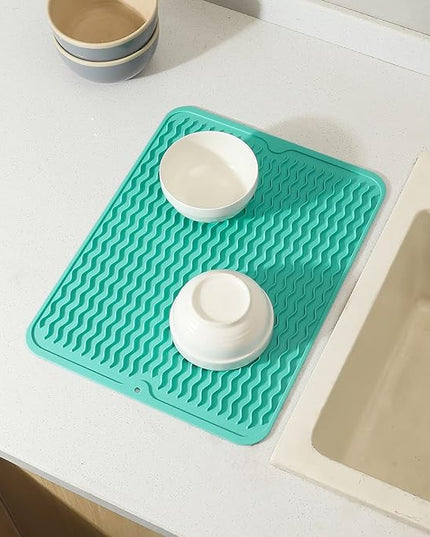 Silicone Dish Drying Mat for Multiple Usage,Easy clean,Eco-friendly,Heat-resistant Silicone Mat for Kitchen Counter or Sink,Refrigerator or drawer liner Mint L 16 inches x 12 inches