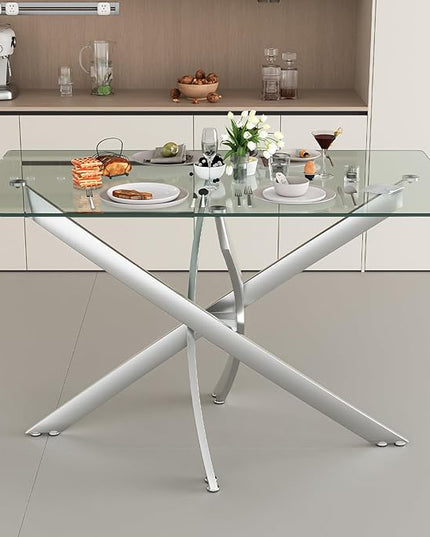 47.24 Inch Glass Dining Table, Rectangular Kitchen Glass Table for 4 People, Modern Dining Room Table for Dinner Kitchen Dining Room(Silver)