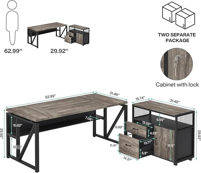 Tribesigns 63" Executive Desk with Reversible File Cabinet, Large L-Shaped Office Desk with Drawers, Business Furniture Workstation for Home Office (Dark Oak, 63-inch)