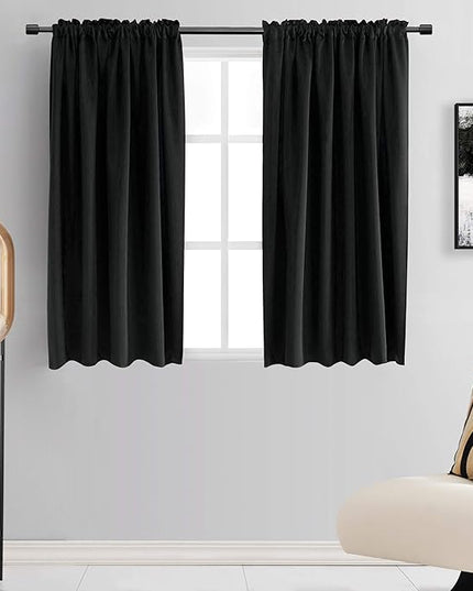 DONREN 48 Inch Length Short Curtains for Kitchen - Small Window Treatment Rod Pocket Blackout Curtain Drapes (1 Pair,Black,52 Inches Wide by 48 Inches Long)