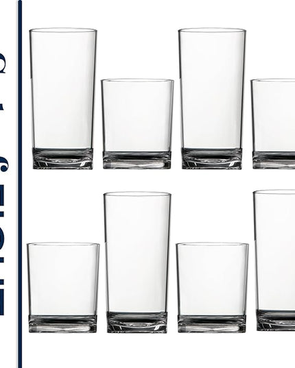 US Acrylic Classic Clear Plastic Reusable Drinking Glasses (Set of 8) 12oz Rocks & 16oz Water Cups | BPA-Free Tumblers, Made in USA | Top-Rack Dishwasher Safe