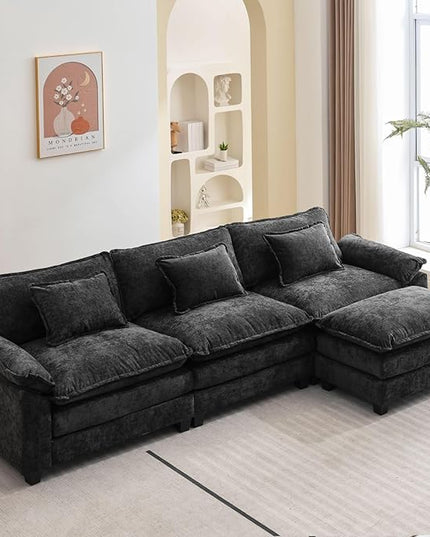 120" Modular Sectional Sofa, Comfy Cloud Couch Sectional Sofa with Ottoman, Chenille Sofa Sleeper Deep Seat Sofa with Throw Pillows for Living Room (Black, 120"- L Shape)