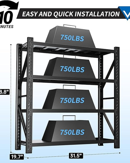 3000LBS Garage Shelving 32" W Garage Shelving Heavy Duty 4-Tier Metal Storage Shelves Adjustable Shelf Unit Storage Rack for Basement Supermarket Warehouse 32" W x 20" D x 78" H Black