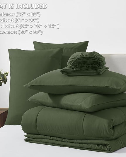 CozyLux Full Size Comforter Sets Olive Green, 7 Pieces Bed in a Bag, Green Comforter Full Size, All Season Bedding Sets with Stitch Quilted Comforter, Flat Sheet, Fitted Sheet, Pillowcases