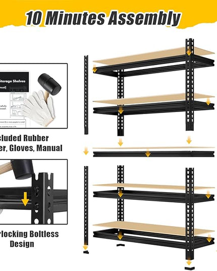 5-Tier Metal Storage Shelves: Heavy Duty Garage Shelving Adjustable Shelves for Storage - Black Utility Rack Shelf for Pantry, Warehouse, Office, Kitchen, 28" W x 12" D x 59" H, 2PCS