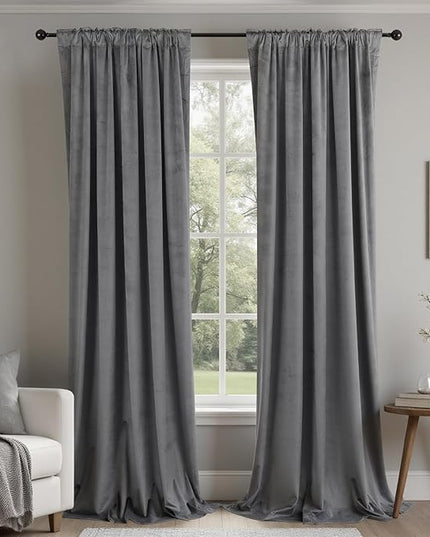 KOUFALL Grey Velvet Blackout Curtains for Bedroom Window 2 Panel Sets, Dark Gray 84 Inches Long Luxury Black Out Room Darkening Moody Curtains for Living Room Boys