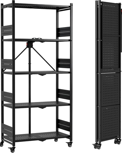WORKPRO 5-Tier Folding Shelf, No-Assembly Metal Storage Rack with Wheels, 750 lbs Capacity (with Leveling Feet), Collapsible Shelving Unit for Kitchen, Pantry, Bathroom & Closet Organization