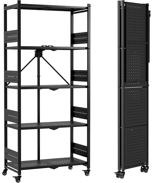 WORKPRO 5-Tier Folding Shelf, No-Assembly Metal Storage Rack with Wheels, 750 lbs Capacity (with Leveling Feet), Collapsible Shelving Unit for Kitchen, Pantry, Bathroom & Closet Organization