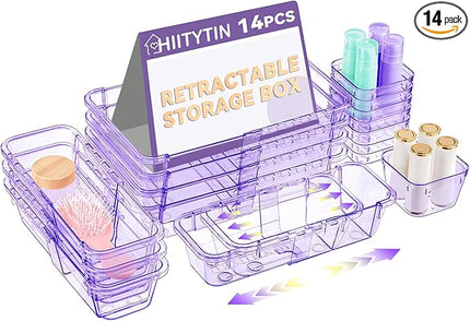 14 Pcs Adjustable Clear Drawer Organizer, Extendable Vanity Storage Bins, Desk Drawer Organizer Set for Makeup, Cosmetics, Bedroom, and Gadgets, Purple