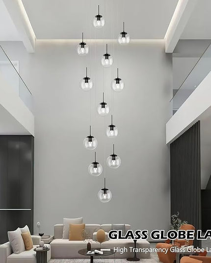 KoKo&Yukina 12-Light Black Mid Century Modern Chandelier for Living Room Staircase Chandelier for Entryway Clear Globe Glass Chandelier High Ceiling Chandeliers Foyer Entryway (Bulb & Remote Incl.)