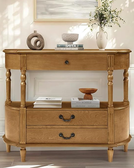 HMFULE Retro Curved Console Table, 43" Solid Wood Half Moon Console Table Entryway Table Sofa Table with Open Shelf Curved Corners 3 Drawers Pine Roman Legs for Living Room,Hallway,Entryway,Brown