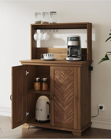 Farmhouse Coffee Bar Cabinet with Storage,31.5" Kitchen Cabinet with Hooks and Charging Station,Coffee Station with Adjustable Shelf and Hutch,Sideboard for Living Dining Room
