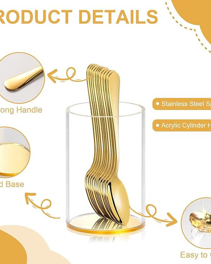 6 Pcs Gold Coffee Spoons with Holder Mini Coffee Spoons Gold 4.7 Inch Demitasse Espresso Spoons Tiny Dessert Spoons Small Tea Spoon Stainless Steel Acrylic Cylinder Holder for Coffee Bar Home Party