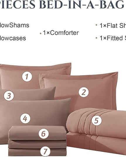 Monbix Full Comforter Set - 7 Pieces Clay Pink Bed in a Bag Full Size Bedding Sets with Comforters, All Seasons Down Alternative Comforter with Sheets,Pillowcases & Shams