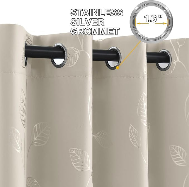 BUHUA White Black Out Curtains 63 Inch Long 2 Panels, Soundproof Curtains with Elegant Silver Leaf Print, Heat Blocking Curtains for Livingroom, 52W x 63L, Natural