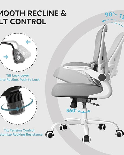 Office Chair with Adjustable Lumbar Support, 330 LBS Home Office Desk Chair with Flip-up Armrests, Mesh Computer Chair for Long Day Use, White and Gray
