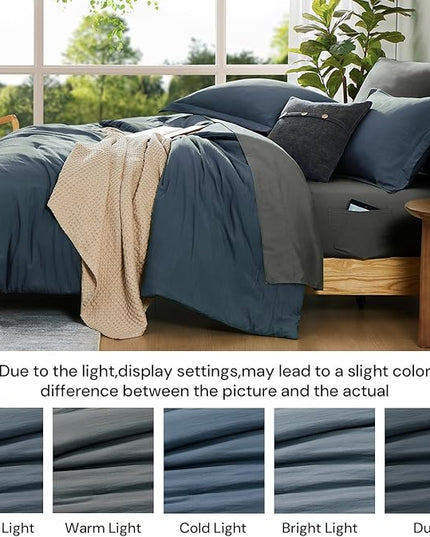 WRENSONGE King Size Comforter Set- 7 Pieces Blue Grey Bed in a Bag King with Fitted Sheet, Flat Sheet, 2 Pillow Shams, and 2 Pillowcases-Warm King Bedding Set for All Season